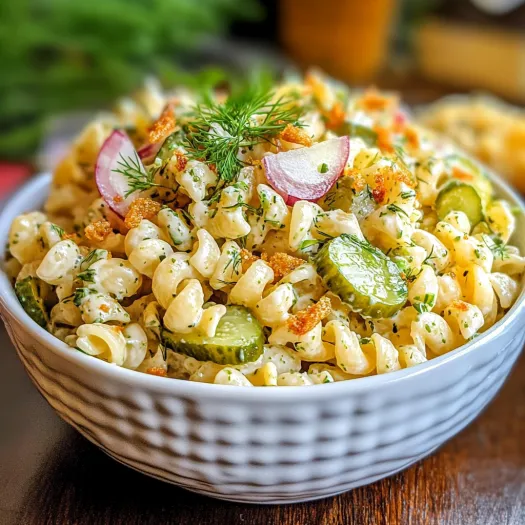 Un bol cu salată de paste, castraveți murați și castraveți verzi.
