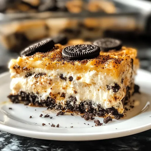 O felie de lasagna Oreo pe farfurie.
