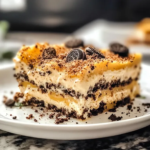 O felie de lasagna Oreo pe farfurie.