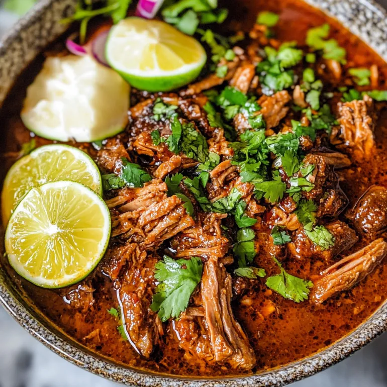 Un bol cu birria de vită, lime și coriandru.