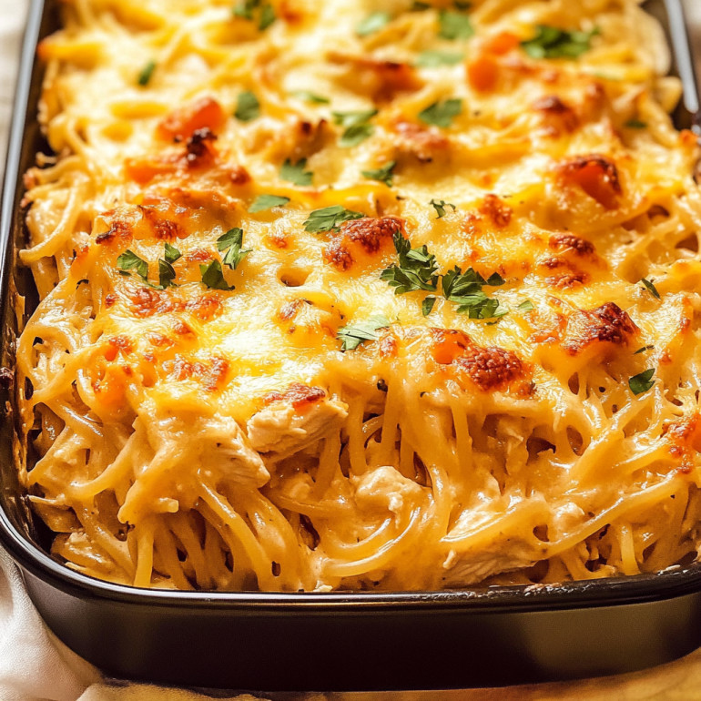 O tava neagra cu pui, branza si spaghete coapte.