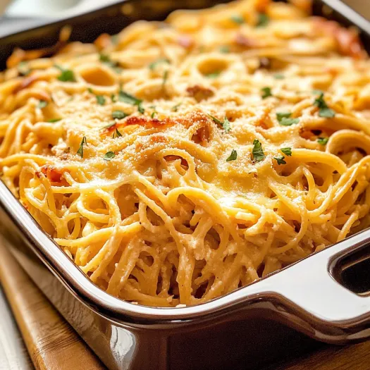 O tavă cu spaghete, pui și multă brânză coaptă.