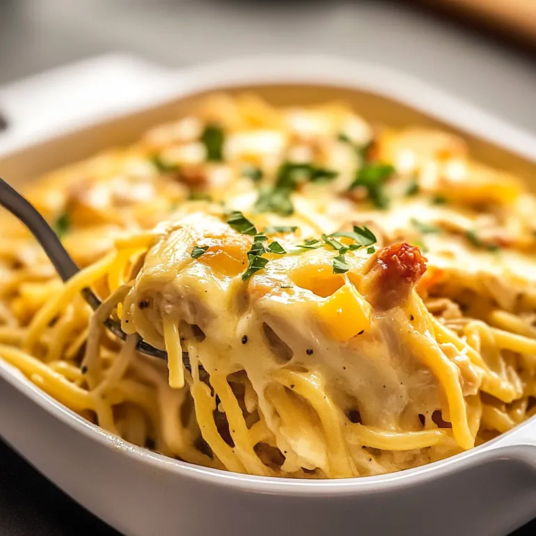 Un bol alb plin cu spaghete, pui și brânză topită.
