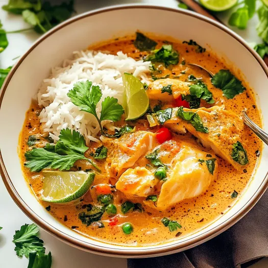 Un bol cu curry thailandez de peste, orez si legume.