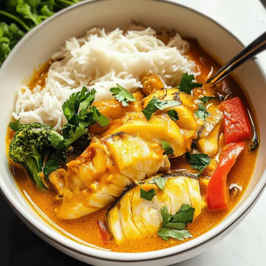 Un bol cu curry thailandez de pește, orez și legume.