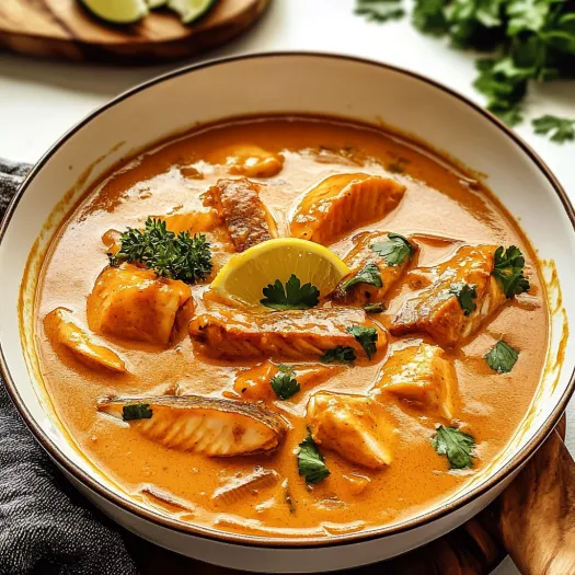 Un bol cu curry thailandez de pește și o felie de lămâie deasupra.