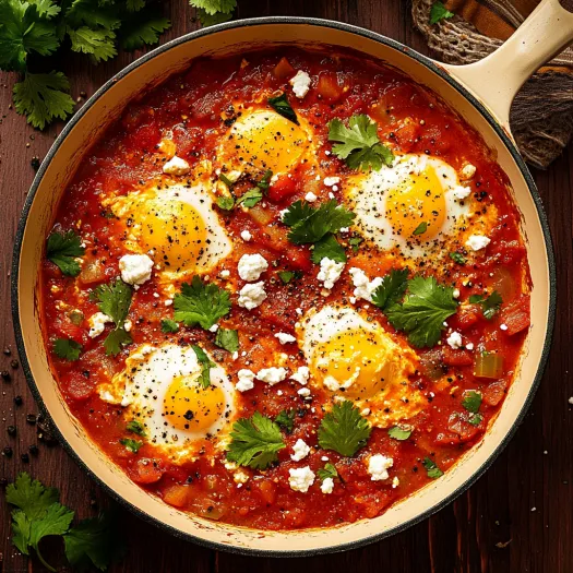 Un bol cu shakshuka și ouă deasupra.