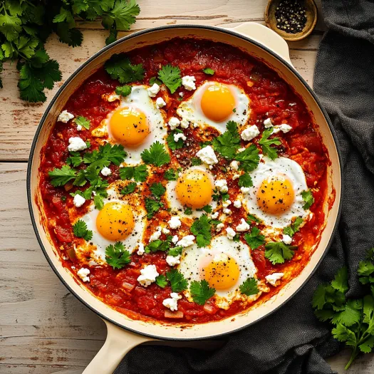 O tigaie de shakshuka cu ouă pe deasupra.
