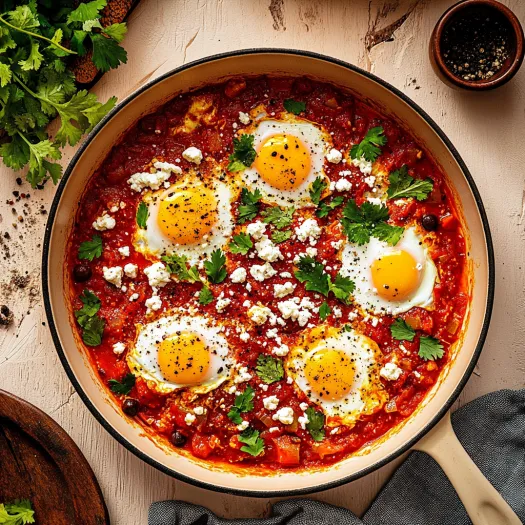 Un preparat de shakshuka cu ouă.