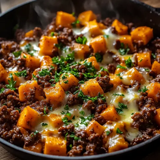O tigaie plina cu carne tocata si cartofi dulci.