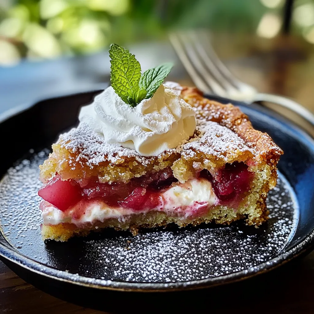 O felie de shortcake cu rubarbă și friscă peste.
