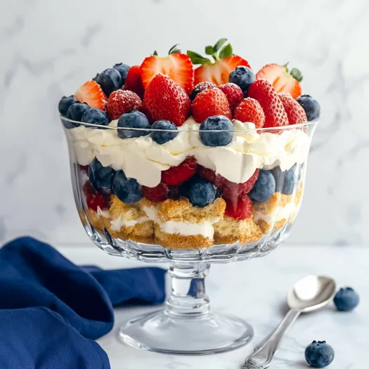 Un trifle roșu, alb și albastru într-un vas de sticlă.