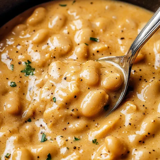 O lingură într-un bol cu fasole cu usturoi și parmezan cremoase.