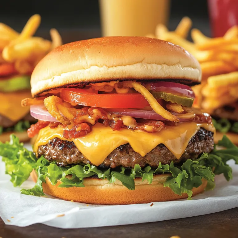 Un close-up cu burger, roșii, salată și bacon.