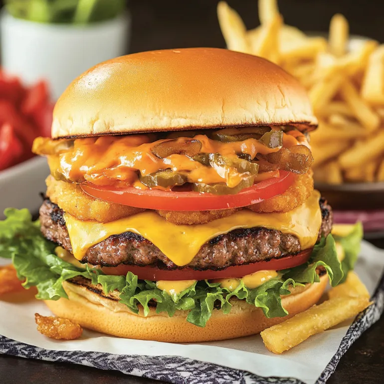 Un burger mare cu roșii, salată și brânză topită.