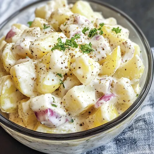 Un castron cu salată de cartofi, ceapă și verdețuri.