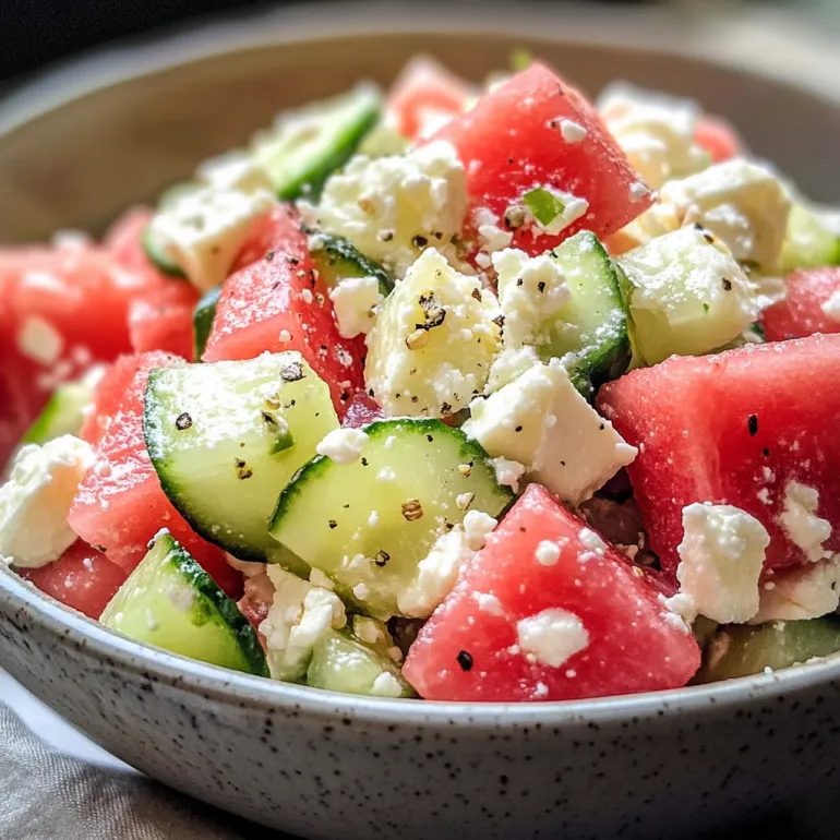 Bol cu salată de pepene roșu, castravete și feta.
