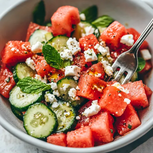 Bol cu salată de pepene roșu, castravete și feta.