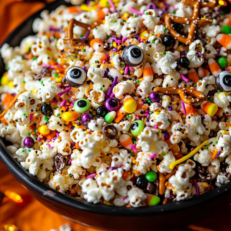 Un bol de popcorn cu ochi veseli din bomboane și un zâmbet dulce.