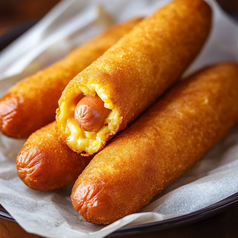 Doua corn dogs facute acasa, cu carnacior in mijloc.