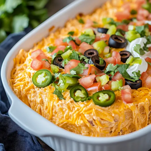 Un bol alb plin cu un dip mexican stratificat.