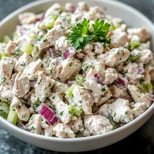 Un bol cu salată de pui, ceapă și pătrunjel.
