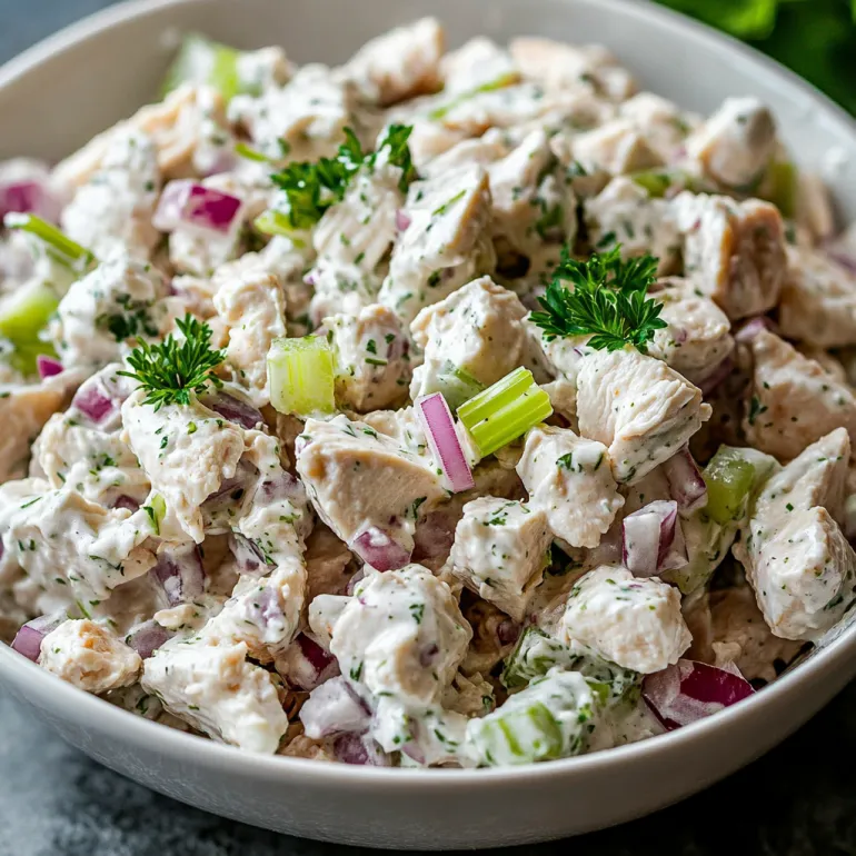 Un bol cu salată de pui, ceapă și pătrunjel.