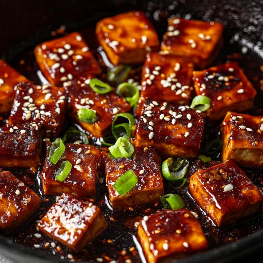 O tigaie cu Dubu Jorim (tofu coreean cu sos), ornat cu ceapă verde.