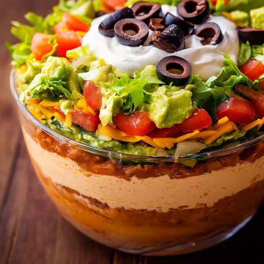Un dip cu 7 straturi cu măsline negre, guacamole, smântână și salsa.