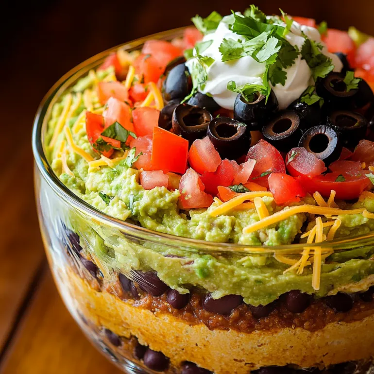 Dip cu sapte straturi: guacamole, smantana, branza, masline, rosii si felii de jalapeno.