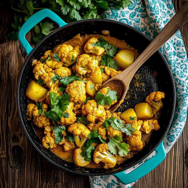 O tigaie cu aloo gobi pe o masă de lemn.