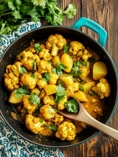 O tigaie cu aloo gobi, preparat cu conopidă și cartofi.