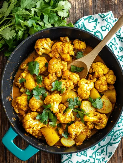 O tigaie cu aloo gobi, mâncare din conopidă și cartofi.