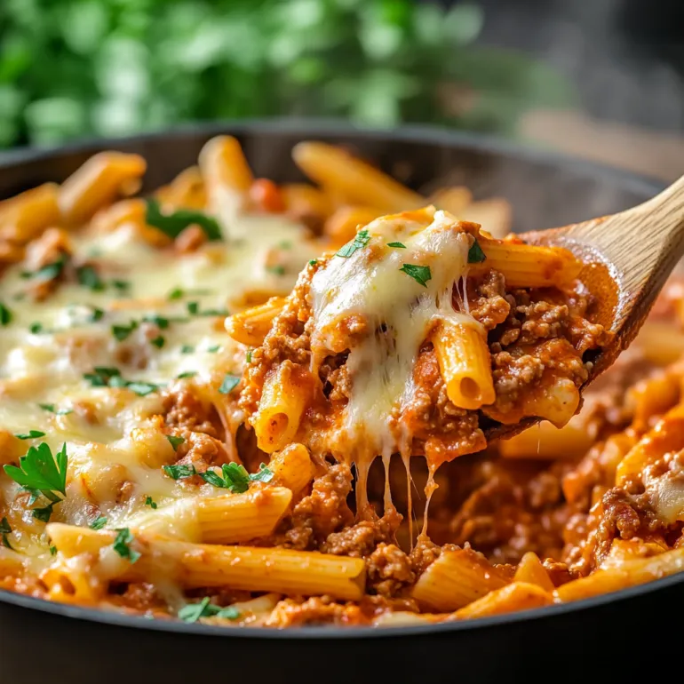 O tigaie delicioasa cu paste, vita si sos enchilada.