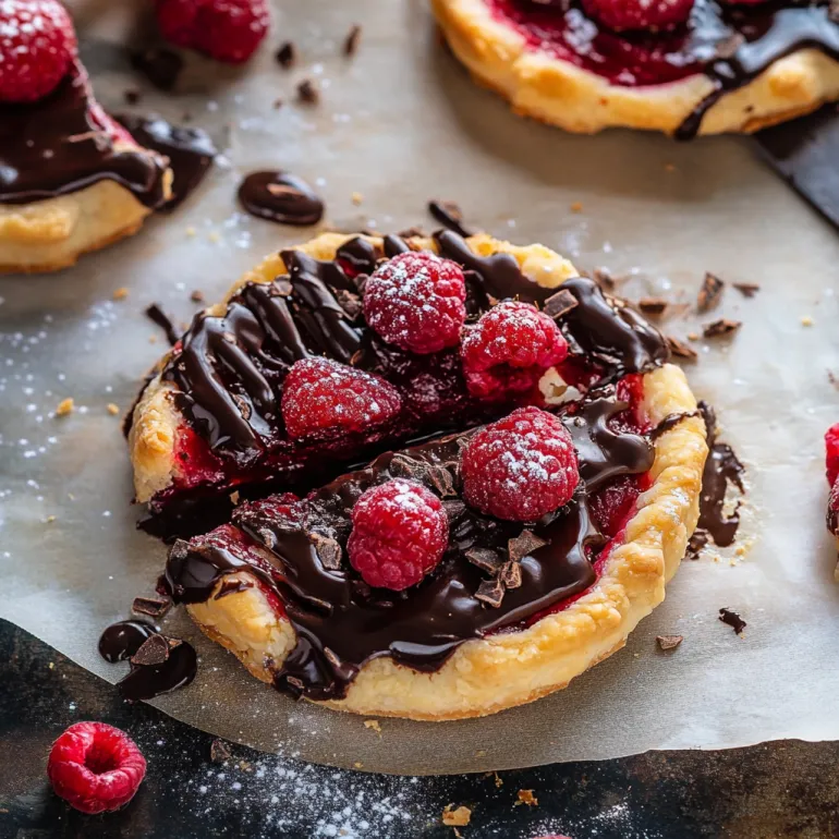 Imagine de aproape a unei tarte cu ciocolată și zmeură.