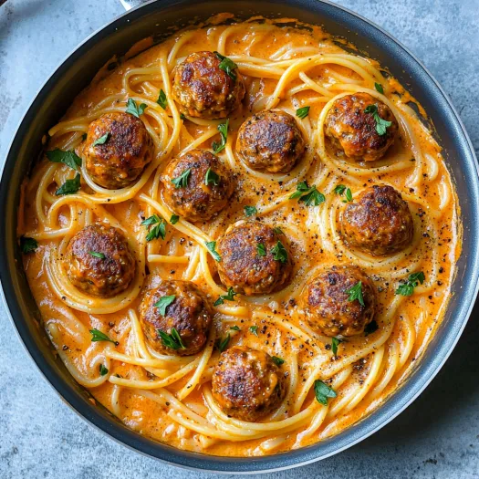 Un bol cu spaghete cremoase și chifteluțe.