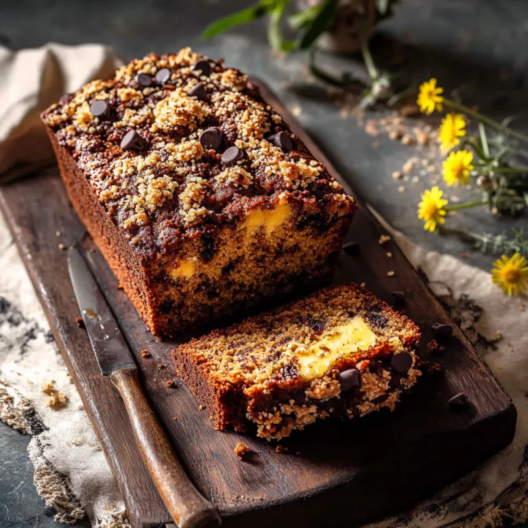 O felie din chec cu zucchini, ciocolată și nuci pecan.