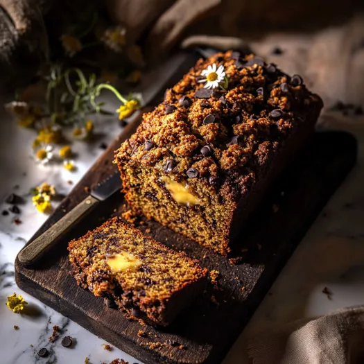 O felie de pâine cu dovlecei, ciocolată și nuci pecan.