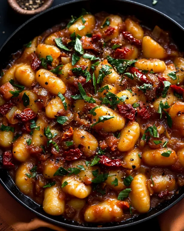 Un castron cu gnocchi, chorizo și sos harissa cremos.