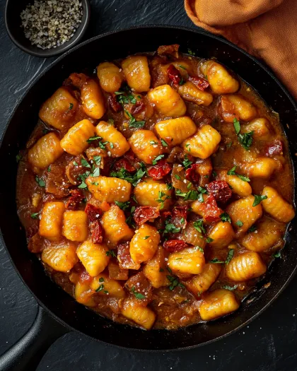 Un platou cu gnocchi, chorizo și sos harissa cremos.