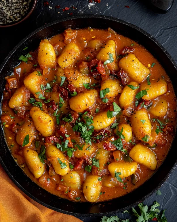 Un bol de gnocchi cu chorizo și sos cremos de harissa.