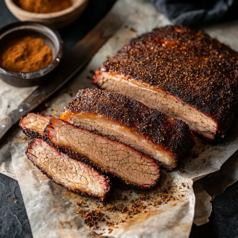Coaste BBQ asezonate cu rub uscat, adunate pe masă.