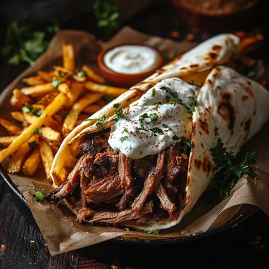 Un gyro cu friptură și cartofi prăjiți.