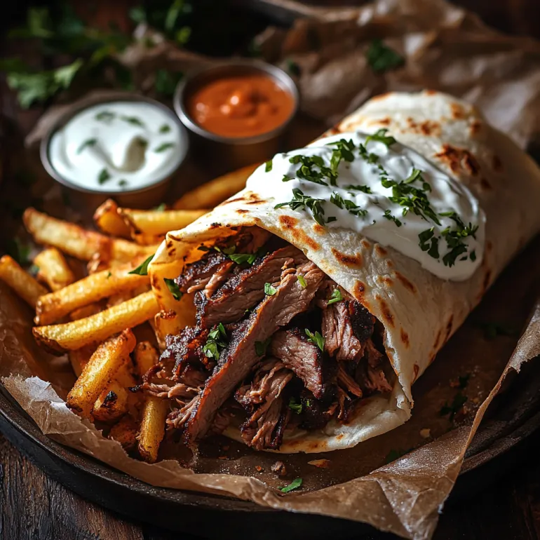Un sandwich gyro cu carne și cartofi prăjiți.