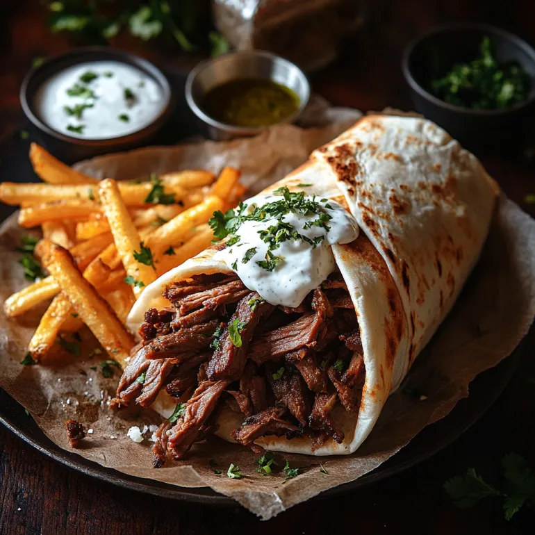 Un gyro cu carne și brânză pe o foaie de hârtie.