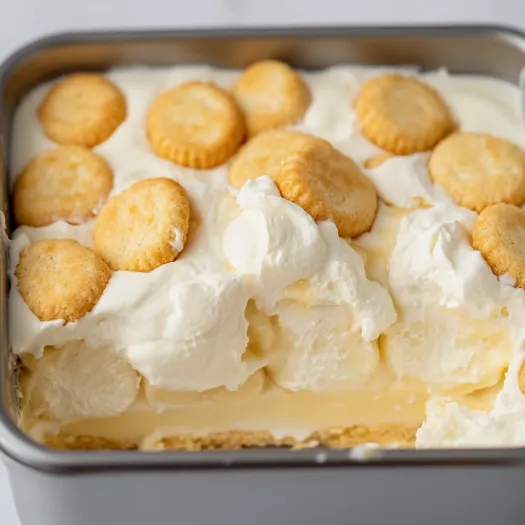 Un recipient cu budincă de banane și biscuiți deasupra.