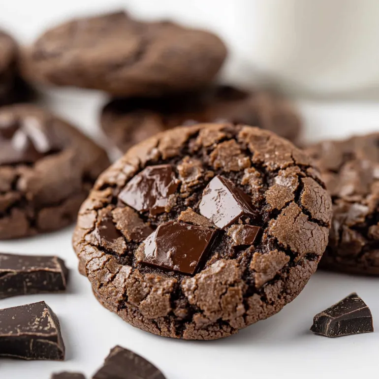 O farfurie cu biscuiți brownie plini cu chipsuri de ciocolată.