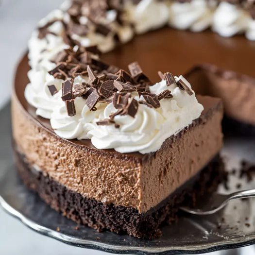 O felie de cheesecake cu ciocolată și frișcă albă.