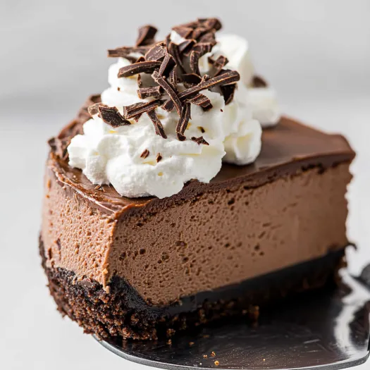 O felie de cheesecake cu ciocolată și frișcă albă deasupra.
