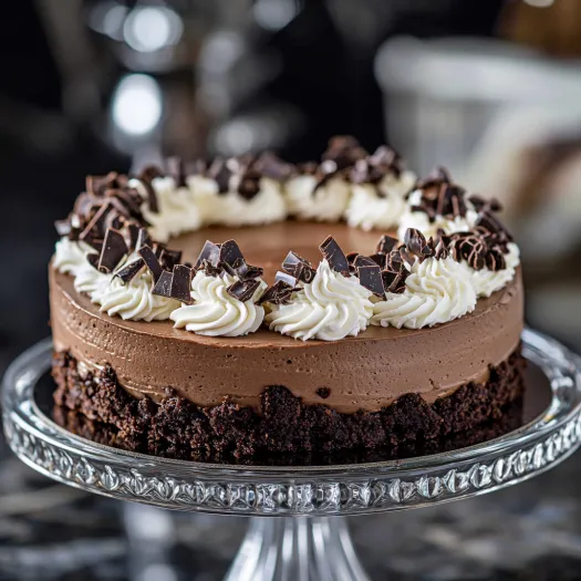 O felie de cheesecake cu ciocolată pe farfurie.